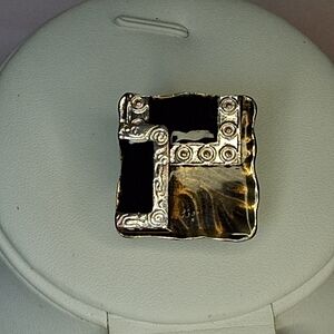 Vintage Abstract Metal Enamel Black Brown Art Collage Sqaure Adjustable Ring